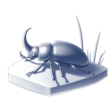 A Hercules beetle resting on a textured surface, with a prominent curved horn extending from its head. The beetle's body features a glossy exoskeleton, with intricate patterns visible on its shell. The sunlight creates dramatic shadows around the beetle, highlighting its contours and details. Surrounding the beetle, a few blades of grass can be seen, gently bending under the warmth of the sun. The composition captures the essence of the beetle in its natural habitat.