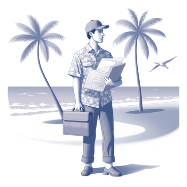 A postman is wearing a brightly patterned tropical shirt, standing on a sandy beach. He is holding a stack of letters and packages in one arm while reaching into his satchel with the other hand. Palm trees are swaying gently in the background, and the ocean waves can be seen lapping at the shore. The sun is shining brightly overhead, casting distinct shadows on the sand. Seagulls are flying above, adding to the beach scene. "Delivering mail" is depicted on the letters and packages he holds.