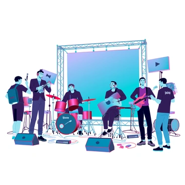 A behind-the-scenes view of a music video shoot. A group of crew members is setting up equipment, including cameras and lighting rigs. In the foreground, a band is getting ready, with the lead singer adjusting a microphone. The guitarist is tuning his instrument, while the drummer is arranging their drum kit. There are various cables and devices scattered around, and a large backdrop is being positioned in the background. The atmosphere is busy, with crew members communicating via headsets and checking monitors, while the energy is palpable as the band prepares for their performance.