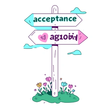 A white signpost with three arrows, each pointing in different directions. The first arrow labeled "acceptance" is painted in teal and points to the left. The second arrow labeled "love" is painted in pink and points straight ahead. The third arrow labeled "equality" is painted in yellow and points to the right. The signpost stands on a grassy area under a clear blue sky, surrounded by colorful flowers.