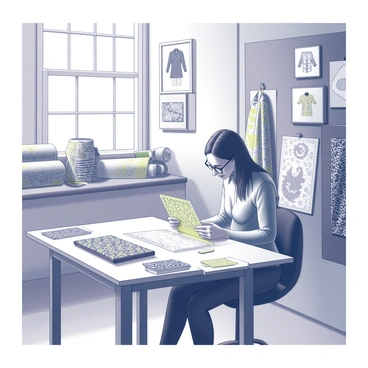 A fashion designer is seated at a large wooden drafting table cluttered with sketches and swatches of fabric. The designer is intently examining a vibrant traditional fabric sample with intricate patterns. Surrounding the designer are rolls of various fabrics from different cultures, including paisley, ikat, and batik styles. The studio walls are adorned with framed sketches and mood boards that showcase a fusion of cultural influences. A window allows natural light to flood the space, illuminating the details of the fabrics and the designer's focused expression.