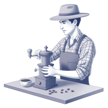 A farmer is positioned at a wooden table, focused on grinding coffee beans. He is using a hand-crank grinder, which is made of metal and has a vintage design. The farmer's hands are visibly engaged, with one hand gripping the handle and the other steadying the grinder. A small bowl is placed beneath the grinder to catch the freshly ground coffee. Several raw coffee beans are scattered on the table nearby, emphasizing the process. The farmer is wearing a plaid shirt and a sun hat, suggesting a sunny day in an agricultural setting.