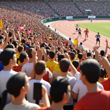 A lively crowd with diverse individuals, all cheering enthusiastically. Some people are waving colorful banners with various slogans. The crowd is filled with men and women of different ages, all wearing sporty attire. In the background, there are runners sprinting on a track, with expressions of determination on their faces. Bright sunlight illuminates the scene, casting shadows on the ground.