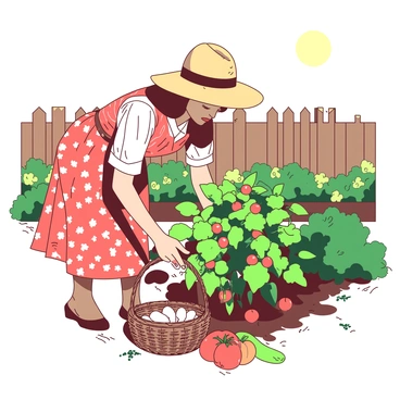 A woman dressed in a vintage floral dress is wearing a large sun hat as she bends down in her backyard garden. She is picking ripe vegetables, including tomatoes and cucumbers, from a green plant. The garden is vibrant and filled with various plants, and a wooden fence can be seen in the background. The sun is shining brightly, casting soft shadows on the ground as she carefully places the vegetables into a wicker basket beside her.