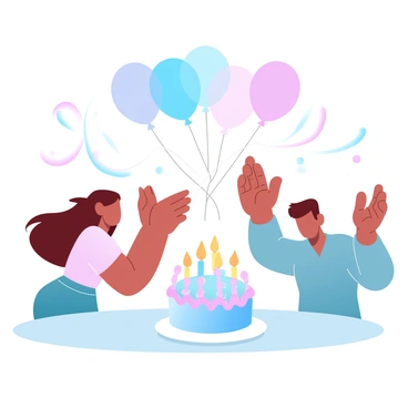 A group of three friends is gathered around a large, colorful birthday cake placed on a table. The cake is decorated with vibrant frosting and lit candles. Each friend is holding a handful of "balloons" in various bright colors, which are floating above them. One friend is clapping their hands with excitement, while another is leaning towards the cake, ready to make a wish. The scene is filled with a festive atmosphere, enhanced by streamers hanging in the background.