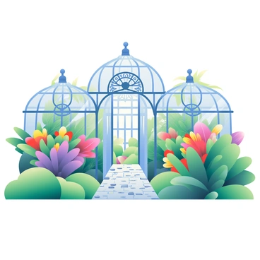 A 3D view of the Royal Greenhouses of Laeken showcases intricate glass domes with ornate designs and structures. The domes are transparent, allowing light to filter through and illuminate the vibrant colors of the exotic plants inside. Lush greenery bursts from the various plant arrangements, featuring large leaves and vibrant flowers in reds, yellows, and purples. In the foreground, there are pathways lined with small stones, guiding the viewer's eye towards the grand entrance of the greenhouses. The scene is filled with an array of unique, tropical plants, each contributing to the rich biodiversity visible within the glass walls.