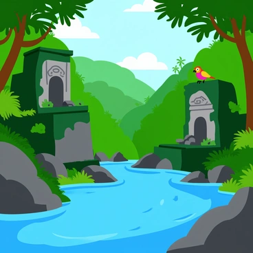 Ancient stone ruins with intricate carvings are partially submerged in a flowing river. The ruins consist of large, moss-covered stones, some of which are partially eroded. Lush green jungle surrounds the ruins, with vibrant tropical plants and trees framing the scene. Sunlight filters through the dense canopy, casting dappled patterns on the water's surface. The river flows gently, creating small ripples around the stones, and a few colorful birds can be seen perched among the branches nearby.