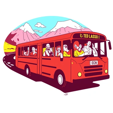 A red and yellow team bus is traveling down a winding road with a vibrant landscape in the background. Inside the bus, "Ted Lasso" is sitting in the front seat, smiling broadly. He is surrounded by the soccer team, all of whom are laughing and having a good time. Some players are playfully leaning over the seats to talk to each other, while others are looking out the windows, enjoying the scenery. The bus is full of energy and camaraderie, reflecting the team's spirit as they journey together.