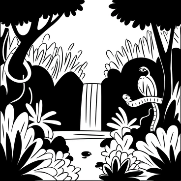A dense jungle set with a cascading waterfall and exotic animals hidden in the foliage