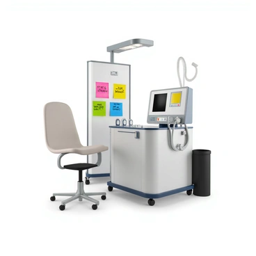 A hemodialysis machine with a sleek, modern design, featuring a digital display and multiple tubes connected to it. The machine is placed in a clinical setting, with a comfortable chair nearby for the patient. Brightly colored sticky notes are attached to the machine, each one displaying "Stay Strong!" and "You're Doing Great!" in vibrant handwriting. The notes vary in size and color, creating a cheerful and motivating atmosphere around the machine. Bright overhead lights illuminate the scene, highlighting the details of the machine and notes.