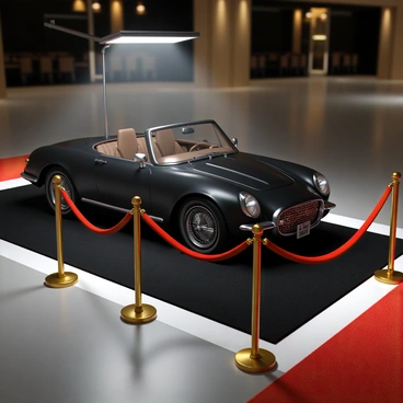 A luxury car parked in a reserved VIP parking spot with a velvet rope and a spotlight