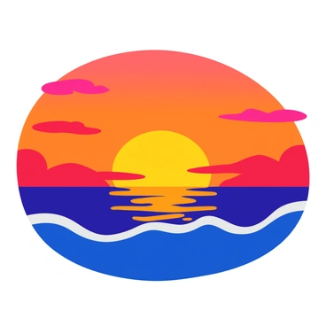 A vibrant sunset with shades of orange, red, and pink filling the sky above the ocean. The sun is partially submerged on the horizon, casting brilliant reflections on the surface of the water. The waves are gently rolling, displaying hints of gold and crimson as they reflect the warm colors of the sky. Silhouettes of distant clouds add depth, while the tranquil sea appears to shimmer with the glowing hues of the evening light.