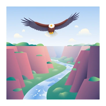 An eagle with dark brown feathers and a white head is soaring high above a vast canyon. Its wings are wide open, showing the intricate patterns of its feathers as it glides effortlessly through the clear blue sky. Below, a rugged canyon stretches out, with steep, rocky walls that create dramatic shapes and shadows. Far beneath, a river winds its way through the valley, reflecting the sunlight with shimmering blue and silver tones. The landscape is dotted with patches of green vegetation, contrasting with the earthy tones of the canyon walls.