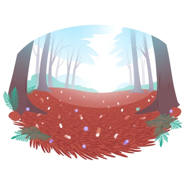 A thick carpet of fallen pine needles covers the forest floor. Tall pine trees surround the area, their trunks straight and strong, reaching towards the sky. Sunlight filters through the branches, creating soft patterns of light and shadow on the carpet of needles. Scattered among the pine needles are small twigs and acorns, adding texture to the rich, earthy scene. The atmosphere is tranquil, with a few ferns peeking out from the edges, contributing to the natural landscape.