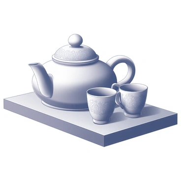 A clay tea set features a teapot and several cups. The teapot has a rounded body with a curved spout and a matching lid adorned with intricate patterns. The cups are small and elegantly shaped, each displaying detailed designs that complement the teapot. The entire set is arranged on a simple wooden table, highlighting the delicate craftsmanship of the clay.