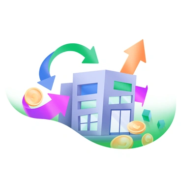 A modern pastel illustration depicting a dynamic scene of capital inflow into a business. Central to the image is a large building symbolizing a business, with an entrance and windows visible. Colorful arrows in various shades, such as blue, green, and orange, flow towards the building from different directions, representing the inflow of capital. Surrounding the arrows are shiny coins, scattered around the base of the building, reflecting light and adding a sense of prosperity. The overall composition conveys a vibrant and active financial environment.