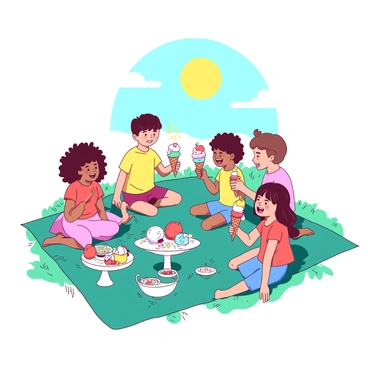 A teal picnic blanket is spread on the grass, surrounded by a group of children happily enjoying ice cream. Each child has a vibrant ice cream cone in their hand, featuring different colorful scoops. Some scoops are topped with a rainbow of sprinkles and cherries. One child, with curly hair, is laughing as a scoop begins to topple from their cone. Nearby, there is a small white table filled with additional toppings, including more sprinkles, whipped cream, and colorful fruit. Above, a bright yellow sun shines down in a clear blue sky, casting cheerful light over the scene.