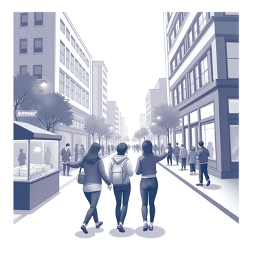 A group of three friends walking together in a bustling urban environment. They are engaged in conversation, with one friend pointing towards a street vendor selling snacks. Tall buildings line the streets, their windows reflecting the activity below. People are seen walking past, some stopping to glance at shop windows. Streetlights are illuminating the sidewalks, and a few trees are scattered along the way, adding greenery to the scene. The atmosphere is lively, capturing the essence of city life.