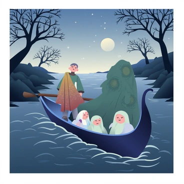 A mythical boatman with pale skin and an ethereal glow is standing at the helm of a long, narrow boat. He is wearing a tattered cloak that billows gently in the breeze, revealing intricate patterns woven into the fabric. The river is murky, with swirling dark waters reflecting hints of shadow. In the boat, several wispy, translucent figures represent souls, their faces showing expressions of longing and peace as they gaze toward the distant shore. The night sky above is devoid of moonlight, with a subtle gradient of deep blues and blacks, and a few scattered stars twinkling faintly. Silhouettes of gnarled trees line the riverbanks, adding to the eerie atmosphere of the scene.