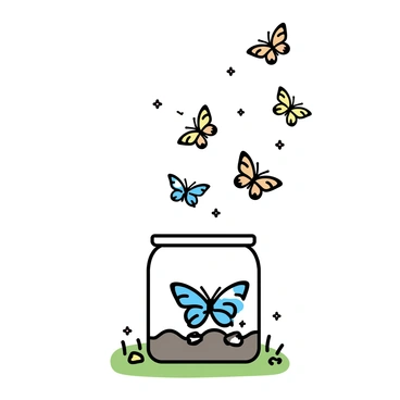 A glass jar is open, with colorful butterflies fluttering out. The butterflies display various vibrant patterns and colors, including orange, blue, and yellow. They are flying towards a lush green meadow filled with small colorful flowers. The sunlight casts gentle rays over the scene, highlighting the delicate wings of the butterflies as they make their way into the open air. The jar sits on a patch of grass, partially filled with soil and a few scattered pebbles.
