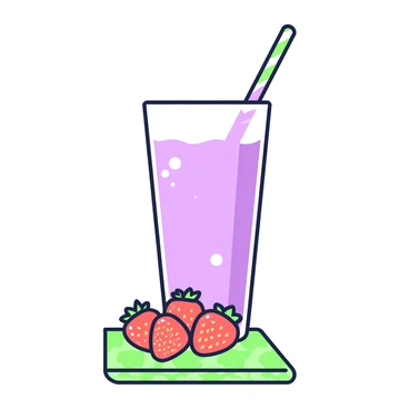 A tall glass filled with a strawberry smoothie, featuring a green-and-purple straw inserted into it. The glass is transparent, showcasing the creamy texture of the smoothie. Next to the glass, there are several fresh strawberries arranged neatly on a green-and-purple patterned cloth. Each strawberry is vibrant and glistening, with tiny seeds visible on their surface. A few droplets of condensation are visible on the outside of the glass, suggesting the smoothie is cold and refreshing.