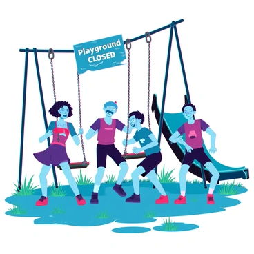 A group of five zombie kids with pale, decayed skin and tattered clothes are playing tag in an abandoned playground. The first zombie kid, a girl with messy hair and missing teeth, is reaching out to tag her friend. Another zombie boy, with one eye larger than the other and a ripped shirt, is laughing as he runs away. The playground is filled with rusting metal swings, a broken slide, and overgrown weeds sprouting through the cracked pavement. A weathered, peeling sign hangs above that reads "Playground - Closed" in faded letters. An eerie atmosphere surrounds the scene, with low-hanging fog weaving through the jungle gym.
