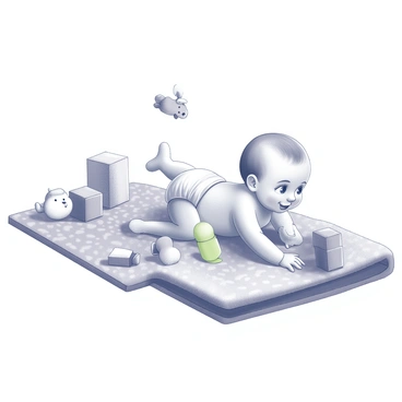 A baby lying on a soft, textured blanket. The blanket has a subtle pattern that adds warmth to the scene. Surrounding the baby are a variety of toys, including plush animals, building blocks, and a colorful rattle. The baby has bright, curious eyes and is reaching out toward the toys, displaying a sense of wonder and exploration. The composition creates a nurturing and playful atmosphere, emphasizing the innocence of early childhood.