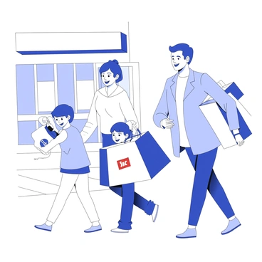 A family is walking out of a store, each member carrying shopping bags filled with items. The parents are smiling, and the children are excitedly looking at their bags. The mother is holding a large bag, while the father carries a smaller one in his other hand. One of the children is holding a brightly colored bag with a logo on it, while the other child has a stuffed toy peeking out of their bag. The family is walking together on a sidewalk, surrounded by storefronts.
