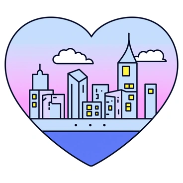 A heart-shaped skyline of a city. The buildings are sleek and modern, with a mix of glass and metal structures. Silhouettes of tall skyscrapers rise in the center, tapering off towards the edges, creating the heart shape. The skyline is dotted with small, glowing windows, giving the impression of urban life bustling inside. Above the skyline, there are wispy clouds and a soft gradient sky transitioning from blue to pink, symbolizing love.