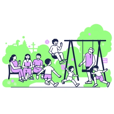 A park scene filled with children playing energetically. In the foreground, a group of three children is engaged in a game of tag, with one child running and laughing while two others chase behind. Nearby, a child swings high on a swing set, with a big smile on their face. In the background, several parents are seated on benches, watching the children with proud expressions. Some parents are chatting with each other, while others hold drinks. Lush green trees and colorful flowers frame the scene, and a donation sign is visible on a nearby fence.