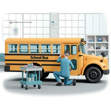 A mechanic, wearing a blue jumpsuit and safety goggles, is kneeling beside an electric school bus inside a well-lit workshop. The bus is bright yellow with "School Bus" written in bold letters on the side. The mechanic is focused on inspecting the bus's battery compartment, with various tools neatly arranged on a nearby workbench. In the background, shelves are filled with spare parts, and there are posters related to vehicle maintenance on the walls. The workshop has concrete floors and large windows allowing natural light to stream in.