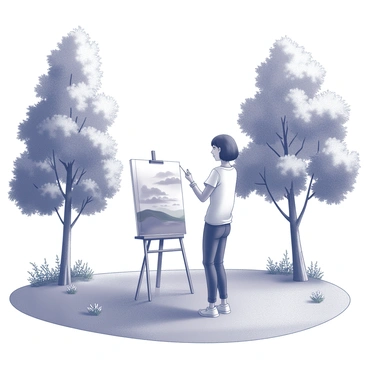 An artist stands in a serene park, focused on capturing a landscape on canvas. They are using a brush to apply paint, with an easel set up in front of them. The artist is positioned on a grassy area, surrounded by tall trees that provide shade. Various plants and flowers are scattered throughout the park, creating a natural environment. The sky above is clear, allowing sunlight to filter through the leaves, casting soft shadows on the ground. The artist appears engaged and contemplative, immersed in the beauty of their surroundings.