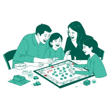 A teal family is gathered around a white Monopoly board spread out on a wooden table. The board is lively with colorful game pieces and stacks of bright paper money. Two children, a boy and a girl, are laughing as they discuss their next moves, their faces illuminated with excitement. The parents are leaning in, engaged in conversation, with one parent tapping a finger on the board in a strategic manner. Snacks in small white bowls are scattered around the table, adding to the cheerful atmosphere.
