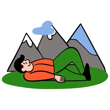 A person with light skin and short black hair is performing the superman exercise on a green grassy field. The individual is lying face down, with arms extended forward and legs straight behind, showcasing a focused expression. In the background, there are tall, majestic mountains with snow-capped peaks and a clear blue sky. The sunlight casts gentle shadows, enhancing the contours of the mountains and the person's form.