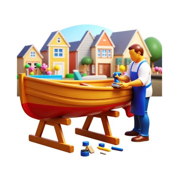 A craftsman wearing a work apron is repairing a wooden boat. The boat, partially restored, is propped up on wooden stands. The craftsman is focused on sanding down the hull with a hand sander, surrounded by various tools including clamps and paintbrushes. In the background, a charming coastal village is visible, featuring quaint houses with colorful facades and flowering plants. The scene is illuminated by warm sunlight, highlighting the textures of the wood and the details of the village. "Charming coastal village" is visible in the background with "wooden boat repair" evident in the foreground.