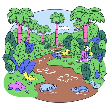 A dense rainforest filled with lush green foliage and towering trees. The scene includes a vibrant variety of plants, such as ferns and exotic flowers, adding splashes of color. In the foreground, a river flows, but the water has a murky brown tint due to pollution. Nearby, a small turtle is seen struggling in the water, and a pair of colorful birds perch on a branch, looking uneasy. The ground is littered with plastic debris, and some leaves show signs of discoloration, indicating the impact of pollution on the environment.
