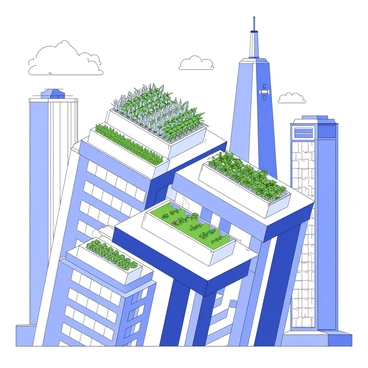 Rows of crops are growing neatly on rooftops and balconies of a tall, advanced city building. Each rooftop features rectangular planters filled with vibrant greenery, with various types of vegetables and herbs clearly visible. The balconies are adorned with vertical gardening systems, displaying lush rows of plants. Tall skyscrapers loom in the background, their sleek glass facades reflecting the urban landscape. The sky above is dotted with a few clouds, providing a backdrop to this innovative use of space in the city.