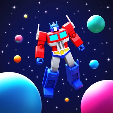 A 3D icon of Optimus Prime, a large robotic figure, soaring through a vast expanse of space. The background features countless stars shining brightly, and vibrant planets of various sizes and colors scattered throughout the scene. The design highlights Optimus Prime's metallic details and blue and red color scheme, showcasing his iconic features while he moves gracefully among the celestial bodies.