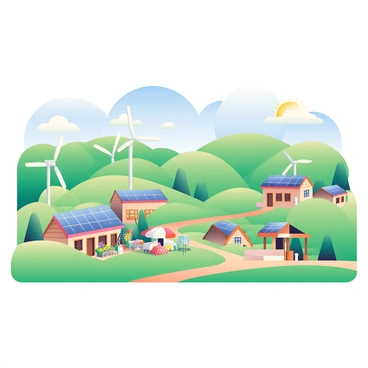 A small rural village is set against a backdrop of rolling green hills. In the foreground, several solar panels are arranged neatly on rooftops, reflecting sunlight. Scattered around the village are tall wind turbines with white blades slowly rotating in the breeze. Small houses with wooden frames and colorful flower gardens are interspersed throughout the village. A dirt road winds through, leading to a few market stalls with fresh produce. In the distance, a bright blue sky with a few fluffy white clouds completes the idyllic scene.