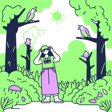 A birdwatcher is standing on a small path in a lush jungle, surrounded by dense foliage and tall trees. She is wearing a green hat and binoculars around her neck, lifting them to her eyes with her hands. In the trees overhead, various exotic birds can be seen perched on branches, showcasing their unique shapes and features. Sunlight filters through the leaves, casting dappled light on the ground, where ferns and small plants grow. The air appears vibrant with greenery, emphasizing the rich biodiversity of the environment.