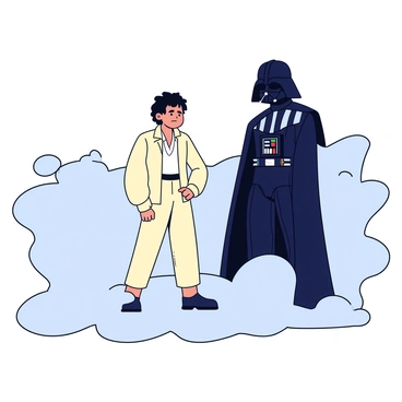 Anakin Skywalker is shown standing in a dramatic pose with a conflicted expression on his face. Around him, a swirling mist creates an ethereal atmosphere. Emerging from the mist is a shadowy figure of Darth Vader, imposing and menacing, wearing the iconic black armor and helmet. The contrast between Anakin’s light clothing and Vader's dark appearance emphasizes the tension in the scene. The background features hints of a desolate landscape, suggesting a future filled with darkness and despair.