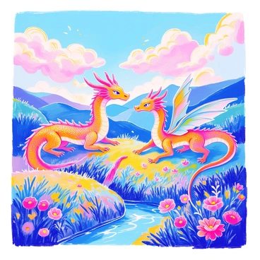 A pair of celestial dragons with shimmering scales in hues of blue and gold are weaving gracefully through fluffy white clouds. The first dragon has elongated wings that trail behind it, while the second dragon has a long, flowing tail that curls playfully. Below them, a lush green landscape is dotted with vibrant wildflowers and a winding river reflecting the sunlight. In the distance, rolling hills rise gently, completing the tranquil scene.