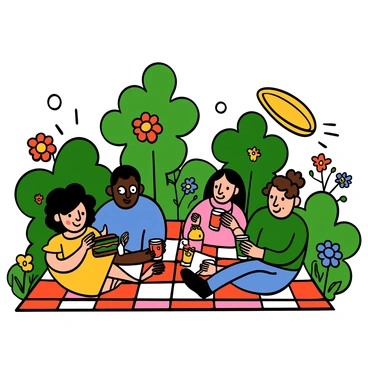 A group of four diverse friends sitting on a red and white checkered picnic blanket in a colorful park filled with vibrant flowers and trees. There is a light-skinned woman with big eyes and curly hair wearing a yellow sundress, sharing a sandwich with a dark-skinned man with big eyes and short hair in a blue t-shirt. Next to them, a medium-skinned woman with big eyes and long straight hair in a pink top is laughing while pouring juice into cups, and a light-skinned man with big eyes and tousled brown hair in a green shirt is playfully tossing a frisbee. The atmosphere is filled with joy and togetherness as they enjoy their food and each other's company.
