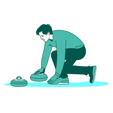 A player in a teal curling uniform is demonstrating the perfect slide position on the ice. The player is crouched low with one knee resting firmly on the ice, while the other leg is extended back, forming a straight line from head to toe. The player's right hand is holding a curling stone, poised for a release, while the left hand is balanced out for stability. The ice surface is smooth and glistening, reflecting the player's focused expression as they prepare to make the shot.