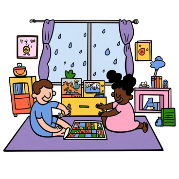 A bright and colorful room filled with children's laughter on a rainy day. Two children, a light-skinned boy with short brown hair and a dark-skinned girl with curly hair, sit on a large, soft rug, playing a board game. The boy is wearing a blue t-shirt and shorts, while the girl is dressed in a pink dress. Nearby, a table is set with completed puzzles, showcasing bright images of animals and landscapes. Through the window, visible raindrops create patterns on the glass, adding to the cozy atmosphere. There are scattered toys and books around the room, creating a sense of lively activity.