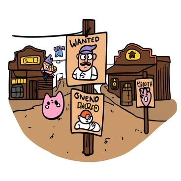 A western-style town with dusty streets and wooden buildings. In the foreground, several wanted posters are nailed to a wooden post. The posters feature Team Rocket members, each with detailed illustrations. The first poster shows a light-skinned man with big eyes and spiky purple hair wearing a black uniform, with the text "Jesse" above him. The second poster depicts a light-skinned man with big eyes and a small mustache, wearing a white outfit, with the text "James" above him. Lastly, there is a poster of a small, round pink creature with big eyes, the text "Meowth" displayed prominently. The background includes a saloon, barrel, and a dusty road, capturing the essence of a classic western town.