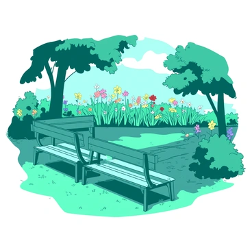 A teal sanctuary is filled with neatly arranged benches made of wood. Each bench faces a garden where various blooming flowers in vibrant colors are scattered throughout the area. Beneath the benches, the grass is lush and green, while the flowers sway gently in a soft breeze. Sunlight filters through the leaves of trees surrounding the sanctuary, casting gentle shadows on the ground. The overall atmosphere invites visitors to sit and enjoy the natural beauty.