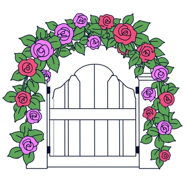 A quaint garden gate made of white wood, slightly weathered. The gate is adorned with vibrant climbing roses in various shades of pink and red, their delicate petals overlapping. Ivy trails gracefully over the top of the gate, its deep green leaves contrasting with the bright flowers. The background is filled with lush greenery, enhancing the charm of the scene.
