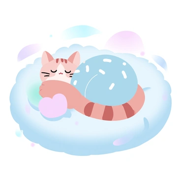A kawaii cat with soft fur is curled up on a fluffy pillow. The cat is wearing adorable, patterned pajamas that feature pastel colors. The pillow is plush and surrounded by a few small, colorful cushions. The background is filled with gentle gradient pastel hues that create a cozy atmosphere. The cat's body is gently formed into a relaxed position, emphasizing its cuteness and comfort.