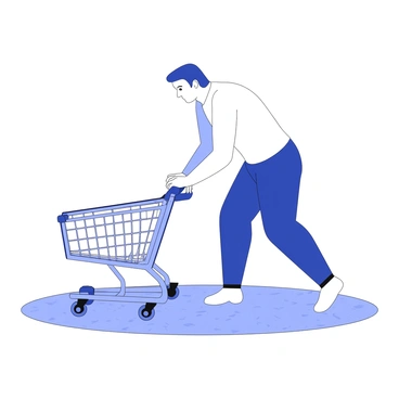 A person is straining to push a shopping cart that remains stationary on a flat surface. The individual's body is leaning forward, muscles tensed in effort. The shopping cart has a metal frame with a grid-patterned basket, and its wheels are locked in place. One wheel is slightly elevated, suggesting it is stuck. The person's hand is firmly gripping the handle of the cart, while their foot is positioned behind, showing weight transfer. The ground beneath features a textured surface that emphasizes the concept of resistance.
